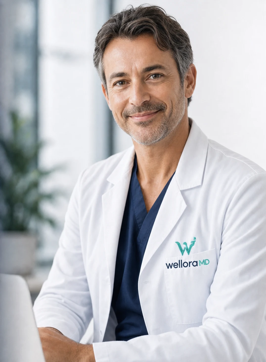 Representative male physician in a WellOraMD-branded white coat